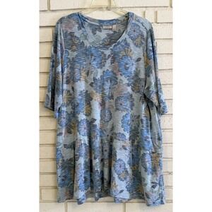 LOGO by Lori Goldstein Cotton Slub Knit Top Short Sleeve Floral Blue Size XL